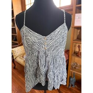 Chance Women Navy White Wavy Stripe Tiered Babydoll Cami Top Smocked Back Large